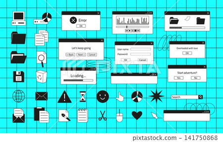 Retro window computer interface UI UX user software nostalgic OS black design elements vector collection Retro window computer interface UI UX user software nostalgic OS black design elements vector collection 141750868