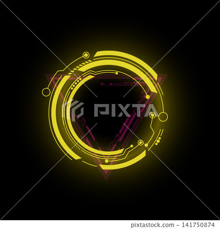 HUD frame yellow glow round electronic circuit with triangle shadow, futuristic digital screen, gaming Hi tech interface HUD frame yellow glow round electronic circuit with triangle shadow, futuristic digital screen, gaming Hi tech interface 141750874