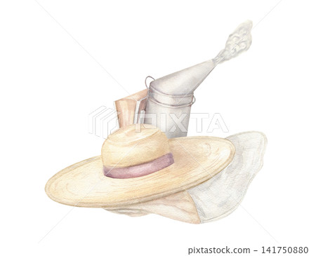 Traditional metal smoker and protective beekeeper hat with veil . Beekeeping equipment watercolor illustration. Tools for apiary work and honey harvesting. Professional rural farming hobby concept Traditional metal smoker and protective beekeeper hat with veil . Beekeeping equipment watercolor illustration. Tools for apiary work and honey harvesting. Professional rural farming hobby concept 141750880