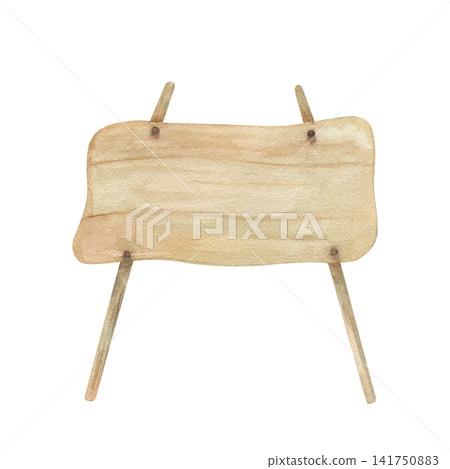 Blank wooden sign on supporting legs watercolor illustration on isolated background. Empty board for text message or announcement. Rustic brown signboard element for invitation, greeting card design Blank wooden sign on supporting legs watercolor illustration on isolated background. Empty board for text message or announcement. Rustic brown signboard element for invitation, greeting card design 141750883