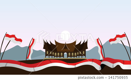 Indonesia Independence Day banner featuring Rumah Gadang, waving Indonesian flags, mountain scenery, and a red and white ribbon background. Indonesia Independence Day banner featuring Rumah Gadang, waving Indonesian flags, mountain scenery, and a red and white ribbon background. 141750935