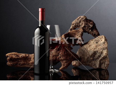 Glass and bottle of red wine with old wooden snag and a piece of granite rock. Glass and bottle of red wine with old wooden snag and a piece of granite rock. 141750957