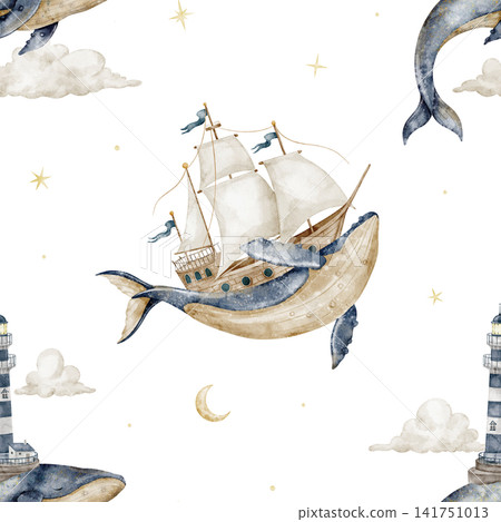 Whale seamless watercolor pattern with sailing ship and lighthouse on background. Nautical repeat with sailboat, stars and beacon for baby fabric, wallpaper, nursery textiles, wrapping paper. Whale seamless watercolor pattern with sailing ship and lighthouse on background. Nautical repeat with sailboat, stars and beacon for baby fabric, wallpaper, nursery textiles, wrapping paper. 141751013