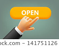 Hand pressing button. Open. 3d vector illustration 141751126