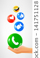Hand holding telephone app icon and reaction icons falling down. 3d vector illustration 141751128