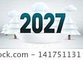 Happy new 2027 year greeting card. Composition with digits, podium and pines with snow. 3d vector 141751131