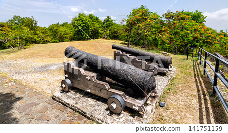 Two ancient iron cannons mounted on wooden carriages at the historic Fort Fleur d'Epee in Le Gosier, Guadeloupe, set against tropical greenery under a sunny sky. Two ancient iron cannons mounted on wooden carriages at the historic Fort Fleur d'Epee in Le Gosier, Guadeloupe, set against tropical greenery under a sunny sky. 141751159