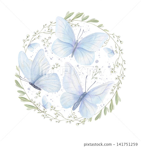 Blue butterflies inside floral wreath watercolor isolated illustration. Round frame made of green leaves and small white flowers. Botanical composition for wedding stationery suite, save the date card Blue butterflies inside floral wreath watercolor isolated illustration. Round frame made of green leaves and small white flowers. Botanical composition for wedding stationery suite, save the date card 141751259