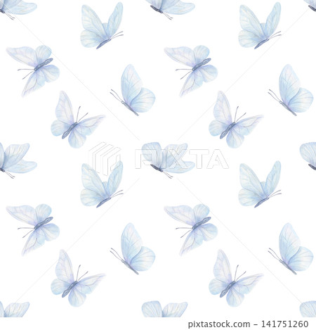 Seamless pattern with light blue watercolor butterflies on isolated background. Decorative wallpaper design with flying insects. Delicate art background for textile, wrapping paper, stationery print Seamless pattern with light blue watercolor butterflies on isolated background. Decorative wallpaper design with flying insects. Delicate art background for textile, wrapping paper, stationery print 141751260