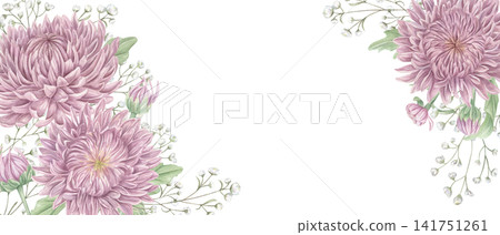 Watercolor floral frame with pink chrysanthemum and baby breath flower with copy space for text. Decorative botanical border Mid Autumn Festival greetings, Chuseok invitations, and Japanese Tsukimi Watercolor floral frame with pink chrysanthemum and baby breath flower with copy space for text. Decorative botanical border Mid Autumn Festival greetings, Chuseok invitations, and Japanese Tsukimi 141751261