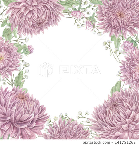 Pink chrysanthemum, white gypsophila flowers square frame. Watercolor floral border with copy space for text. Floral template greeting card for wedding stationery and save the date cards, invitations Pink chrysanthemum, white gypsophila flowers square frame. Watercolor floral border with copy space for text. Floral template greeting card for wedding stationery and save the date cards, invitations 141751262