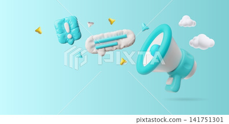 A horizontal 3D banner featuring a megaphone surrounded by clouds and speech bubbles A horizontal 3D banner featuring a megaphone surrounded by clouds and speech bubbles 141751301