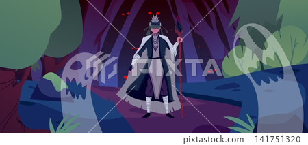 Tribal shaman with magic wand in dark forest with ghosts, glowing monster eyes vector flat illustration, ancient wizard Tribal shaman with magic wand in dark forest with ghosts, glowing monster eyes vector flat illustration, ancient wizard 141751320