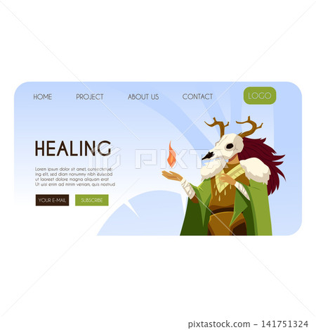 Healing landing page vector design, tribal shaman with animal's skull with horns, ancient wizard with fire on hand Healing landing page vector design, tribal shaman with animal's skull with horns, ancient wizard with fire on hand 141751324
