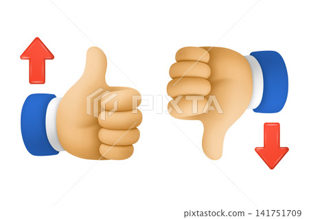 Vector 3d Cartoon Thumbs Up And Thumbs Down Illustration. Like and Dislike Hand Gestures Isolated. Approval and Rejection Symbols with Up and Down Arrows. Rating Feedback Design Vector 3d Cartoon Thumbs Up And Thumbs Down Illustration. Like and Dislike Hand Gestures Isolated. Approval and Rejection Symbols with Up and Down Arrows. Rating Feedback Design 141751709