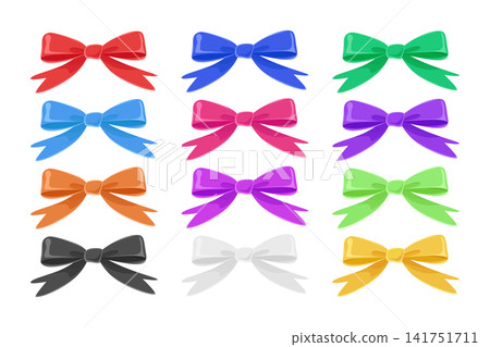 Colorful Ribbon Bow Set, Vector Illustration. Hand Drawn Decorative Gift Bows in Red, Blue, Green, Pink, Purple, Orange, Black and Yellow Isolated on White Background 141751711