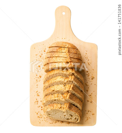 pieces wheat bread with sourdough on cutting board , isolated on white background. top view pieces wheat bread with sourdough on cutting board , isolated on white background. top view 141751836