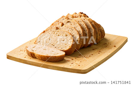 pieces wheat bread with sourdough on cutting board , isolated on white background. pieces wheat bread with sourdough on cutting board , isolated on white background. 141751841