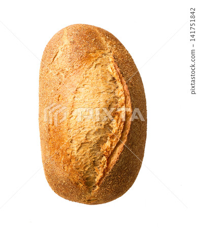 loaf of freshly baked wheat bread with sourdough , isolated on white background.Top view. loaf of freshly baked wheat bread with sourdough , isolated on white background.Top view. 141751842