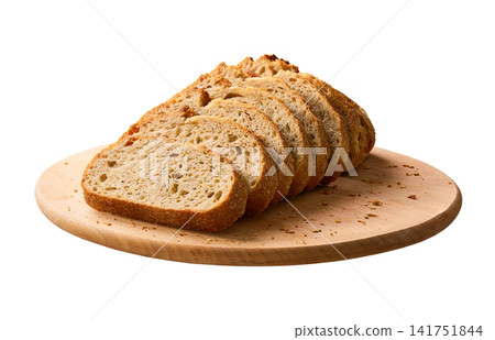 pieces wheat bread with sourdough on cutting board , isolated on white background. pieces wheat bread with sourdough on cutting board , isolated on white background. 141751844
