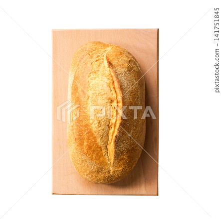 loaf wheat bread with sourdough on cutting board , isolated on white background. top view loaf wheat bread with sourdough on cutting board , isolated on white background. top view 141751845