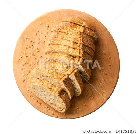 pieces  wheat bread with sourdough on cutting board , isolated on white background. top view 141751855