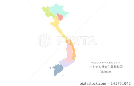 越南彩色地圖:越南社會主義共和國各區域劃分的彩色向量圖。 越南彩色地圖:越南社會主義共和國各區域劃分的彩色向量圖。 141751942
