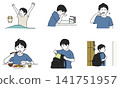 A set of illustrations showing a boy's morning routine (waking up, washing face, brushing teeth, breakfast, going to school). 141751957