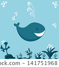 Algae and a dark blue whale are swimming among the sea bubbles. 141751968