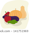 A set of vegetables pumpkins, eggplants, peppers, and cucumbers. The concept of the Thanksgiving harvest. 141751969
