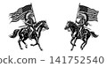 Black and white vector illustration of an indigenous rider on horseback carrying a waving flag 141752540