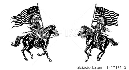 Black and white vector illustration of an indigenous rider on horseback carrying a waving flag Black and white vector illustration of an indigenous rider on horseback carrying a waving flag 141752540