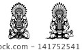 Monochrome vector illustration of a kneeling warrior with a traditional feathered headdress and sharp axe 141752541