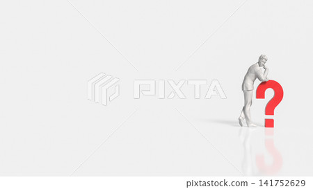 Thoughtful Businessman Searching for Answers Beside Question Symbol 3d render. 141752629