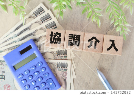 外匯協調幹預。木塊。計算器和盆栽植物。一張商業圖片。 外匯協調幹預。木塊。計算器和盆栽植物。一張商業圖片。 141752982