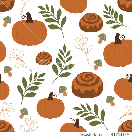 Autumn seamless pattern with pumpkins cinnamon rolls mushrooms and botanical leaves on black background Autumn seamless pattern with pumpkins cinnamon rolls mushrooms and botanical leaves on black background 141753389