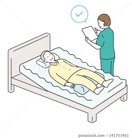 An illustrative image of a nurse checking the condition of an elderly person and recording their care. An illustrative image of a nurse checking the condition of an elderly person and recording their care. 141753401