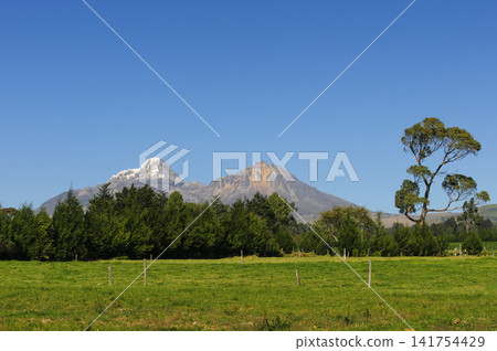 Majestic Illinizas: Snowy and Rocky Peaks Above Green Fields Majestic Illinizas: Snowy and Rocky Peaks Above Green Fields 141754429