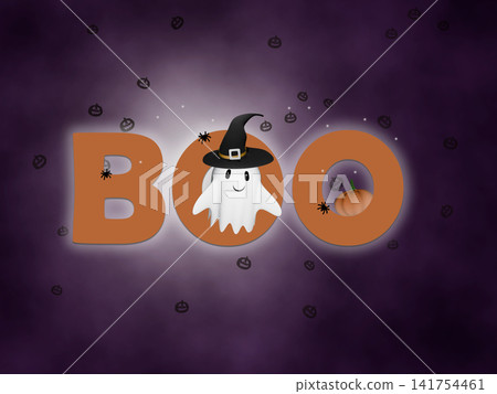 Cute Halloween ghost on foggy purple background Cute Halloween ghost on foggy purple background 141754461