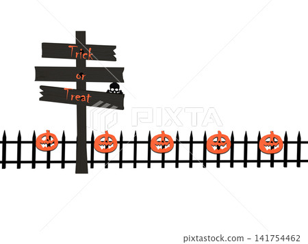 Trick or treat rickey old wooden signpost with Halloween carved pumpkins white background 141754462