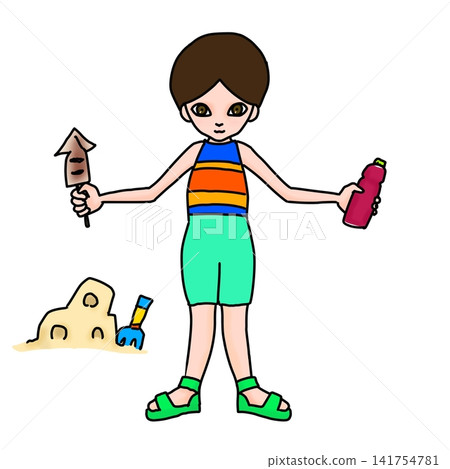 A child holding a grilled squid skewer at the beach. A child holding a grilled squid skewer at the beach. 141754781