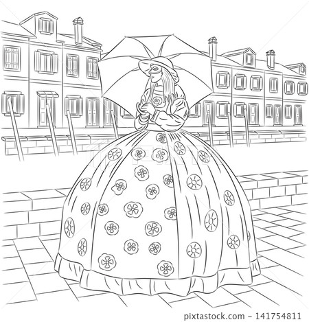 Woman in Traditional Carnival Costume with Umbrella in Burano, Venice, Italy Vector Illustration Woman in Traditional Carnival Costume with Umbrella in Burano, Venice, Italy Vector Illustration 141754811