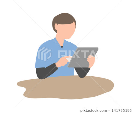 Illustration of a caregiver entering care records on a tablet. Illustration of a caregiver entering care records on a tablet. 141755195