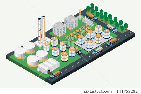 Isometric Oil and Gas Industrial Complex with Storage Tanks, Refinery Equipment and Tanker Transportation Isometric Oil and Gas Industrial Complex with Storage Tanks, Refinery Equipment and Tanker Transportation 141755282