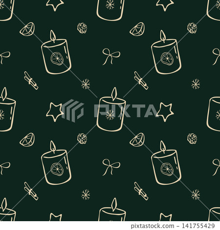 Hand drawn cozy Christmas candles seamless pattern on dark emerald green background vector doodle illustration Hand drawn cozy Christmas candles seamless pattern on dark emerald green background vector doodle illustration 141755429