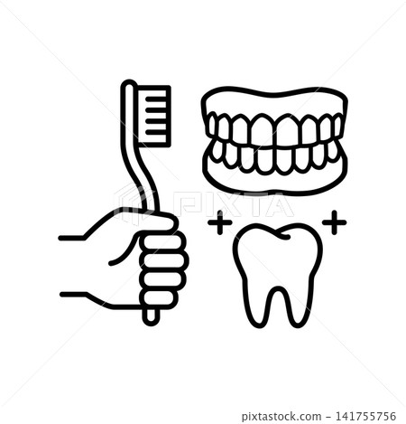 Minimalist line icon showing a hand holding a toothbrush beside dentures and teeth icons, representing senior oral hygiene, dental care, denture cleaning, and mouth health. Minimalist line icon showing a hand holding a toothbrush beside dentures and teeth icons, representing senior oral hygiene, dental care, denture cleaning, and mouth health. 141755756