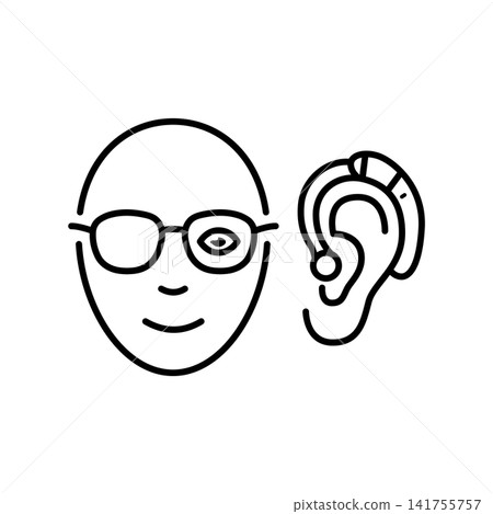 Minimalist line icon displaying a face profile with an eye patch or magnifying lens combined with a hearing aid behind the ear, representing senior vision and hearing care services. Minimalist line icon displaying a face profile with an eye patch or magnifying lens combined with a hearing aid behind the ear, representing senior vision and hearing care services. 141755757