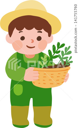 Boy Gardening with Plant Basket 141755760