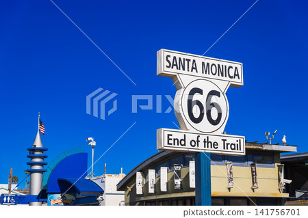 Image of the blue skies of California, Route 66 terminus sign. Image of the blue skies of California, Route 66 terminus sign. 141756701
