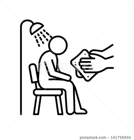 Minimalist line icon of an elderly person sitting under a shower receiving washing assistance from a caregiver, representing personal hygiene care, dignity, and bathroom safety. Minimalist line icon of an elderly person sitting under a shower receiving washing assistance from a caregiver, representing personal hygiene care, dignity, and bathroom safety. 141756930